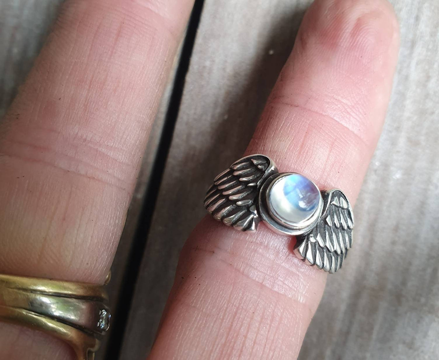 Angel wings,rainbow moonstone ring,goddess, sterling silver, feather,biker bird,boho,fairy,etheric,fantasy,pinkie ring,