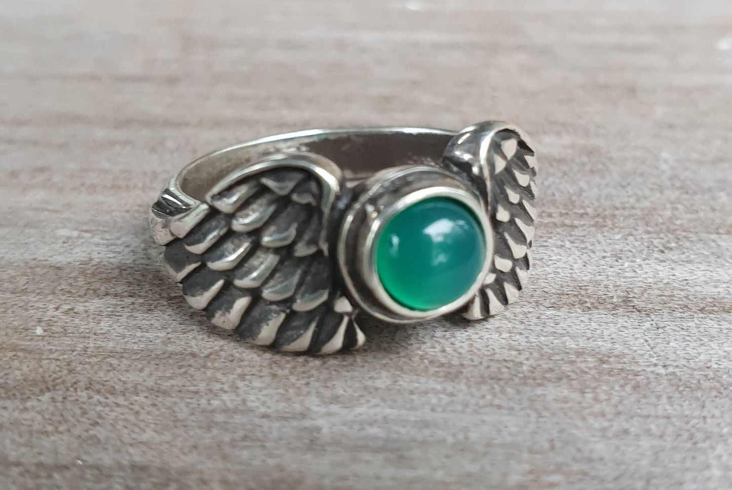 Angel wings,green onyx ring,goddess, sterling silver, feather, bird,boho,fairy,etheric,fantasy,pinkie ring,