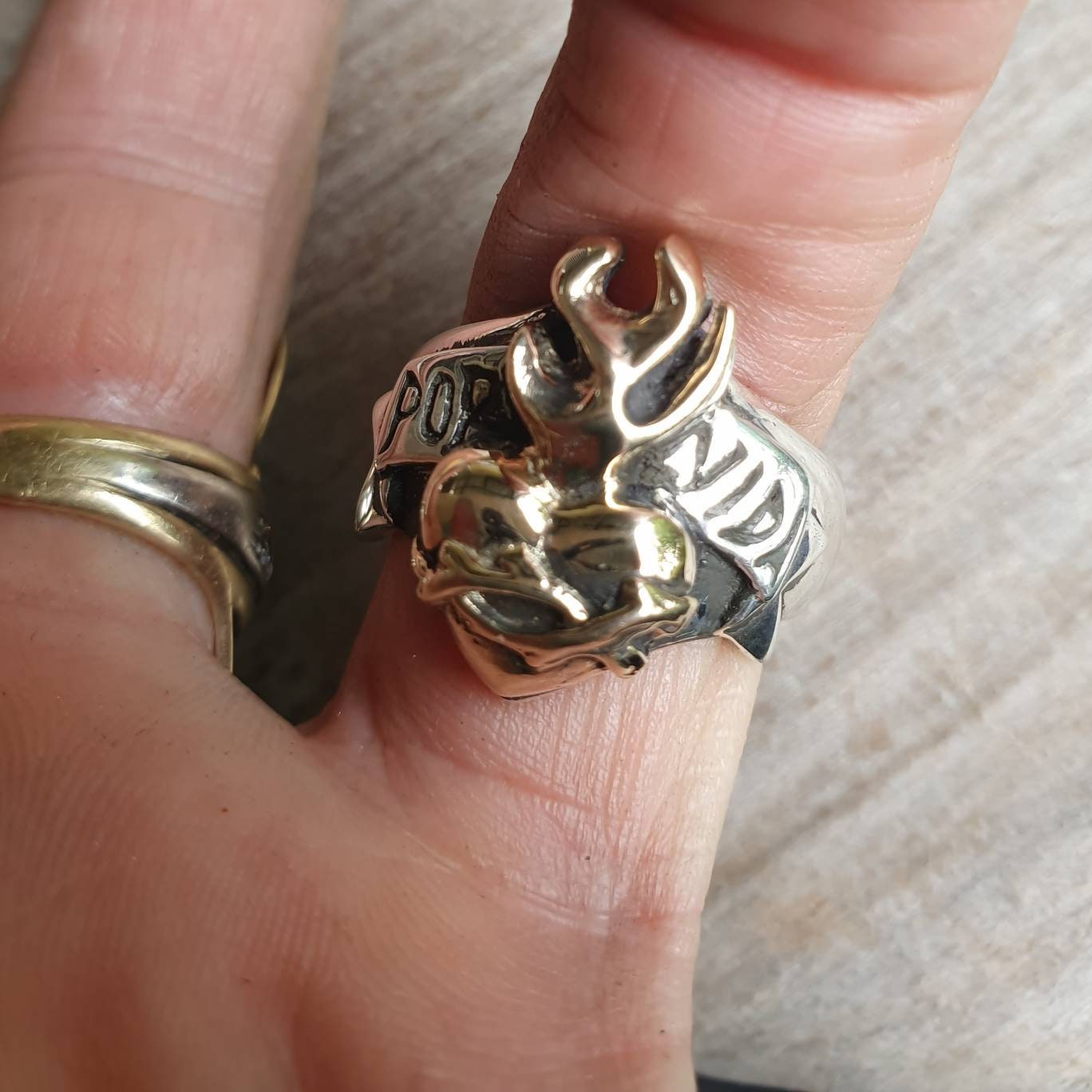 sacred heart ring,9k gold flame on sterling silver,two tone,heart ring, ring,unisex wedding ring,rockabiily, steampunk,hipster,