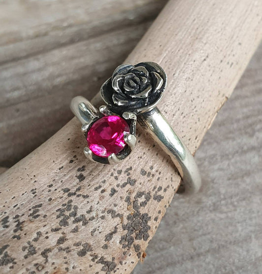 rose ring,cubic zirconia,sterling silver,long ring,hand made,retro, steampunk, gothic, art nouveau ,victorian,boho,gypsy,flower,