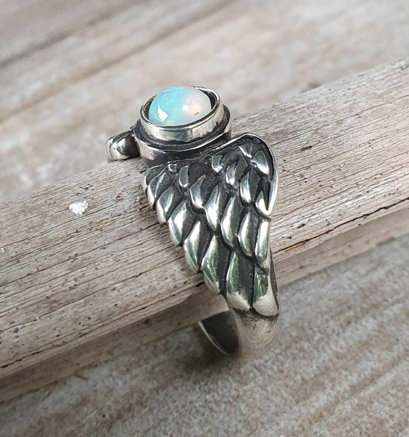 Angel wings,Ethiopian opal,goddess, sterling silver, feather, bird,boho,fairy,etheric,fantasy,pinkie ring,