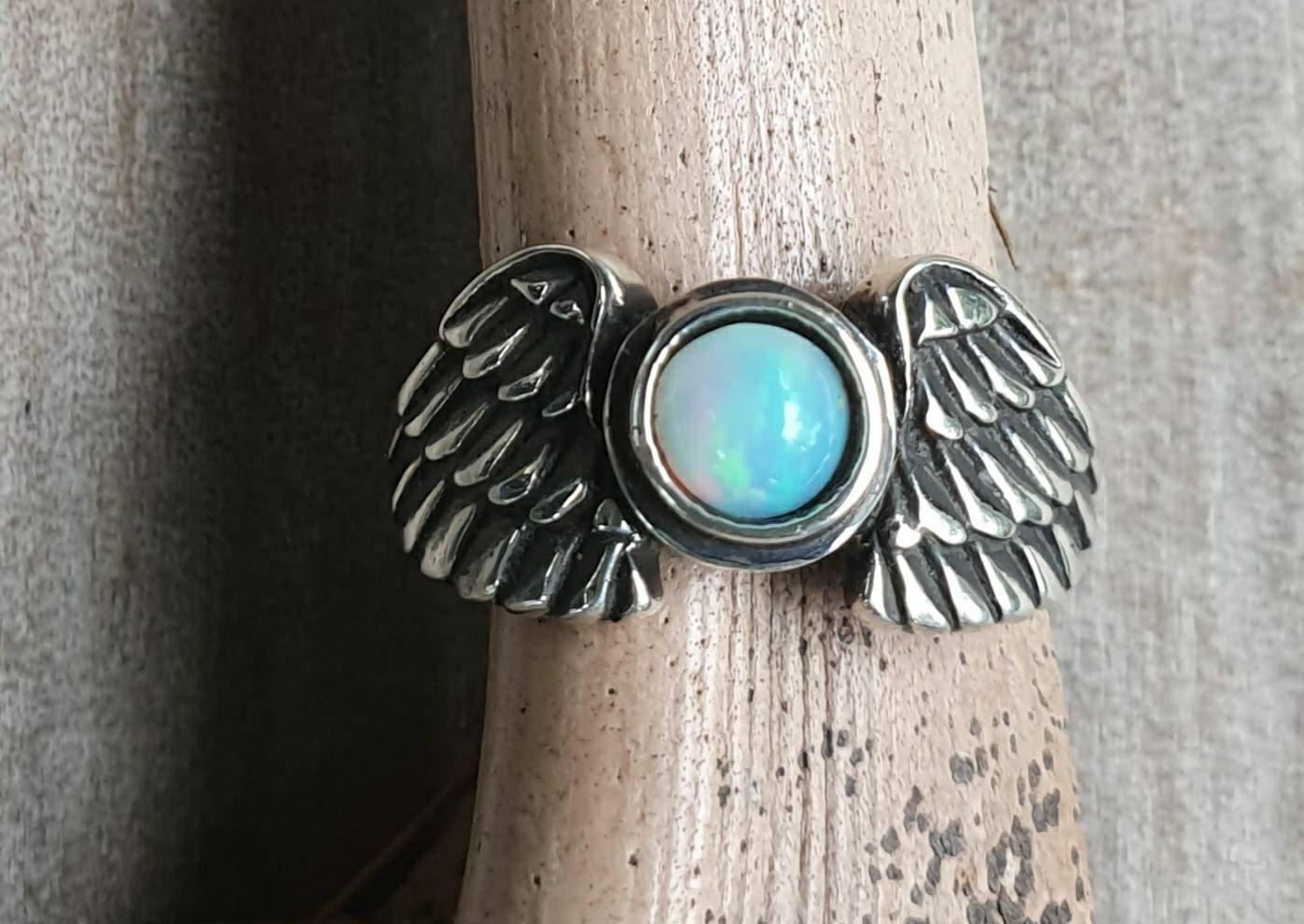 Angel wings,Ethiopian opal,goddess, sterling silver, feather, bird,boho,fairy,etheric,fantasy,pinkie ring,