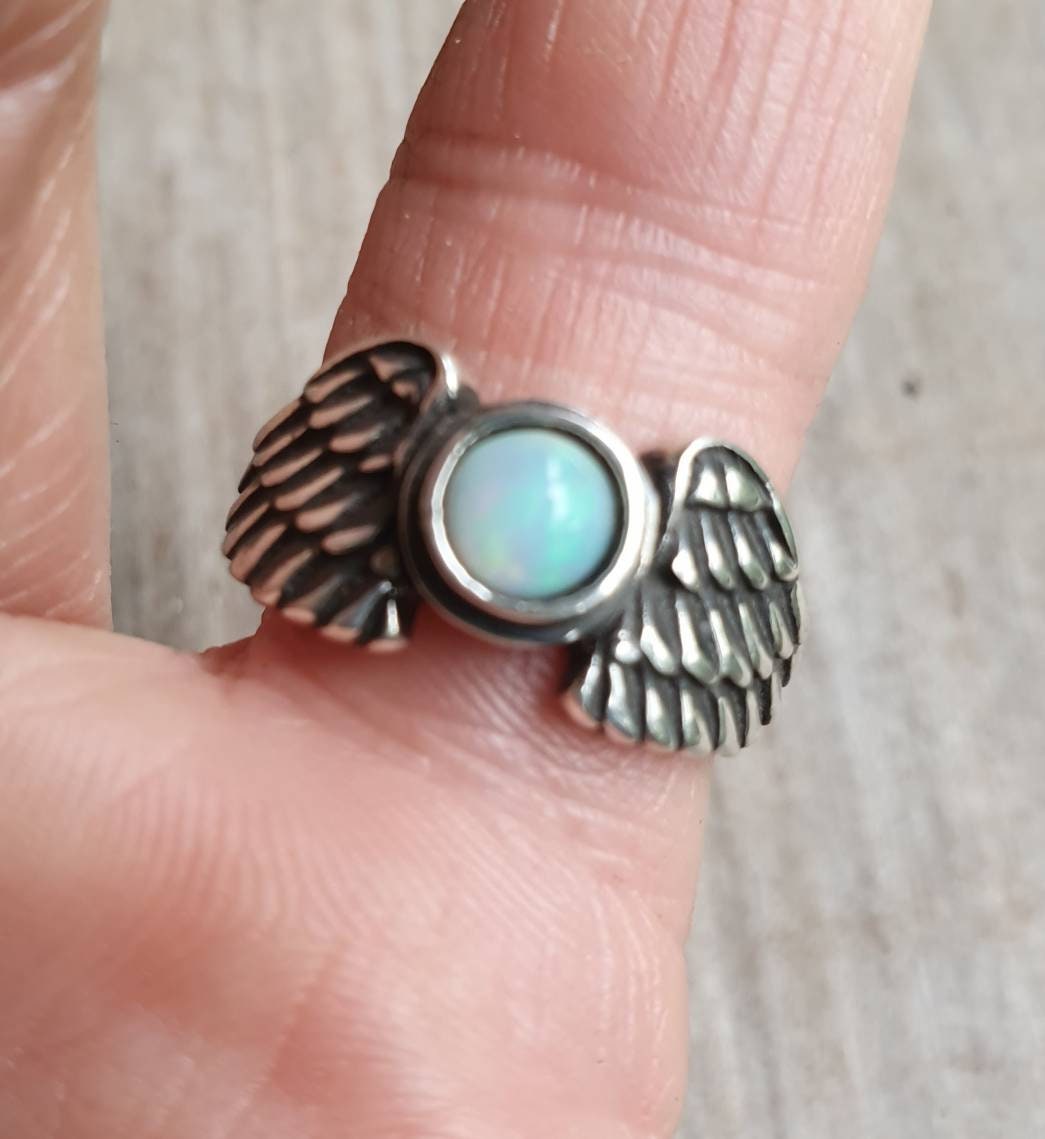 Angel wings,Ethiopian opal,goddess, sterling silver, feather, bird,boho,fairy,etheric,fantasy,pinkie ring,