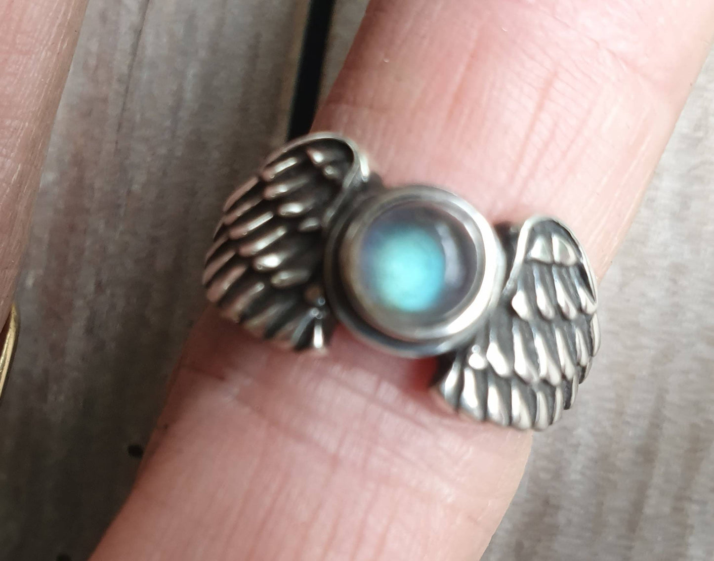 Angel wings,labradorite ring,goddess, sterling silver, feather,biker bird,boho,fairy,etheric,fantasy,pinkie ring,