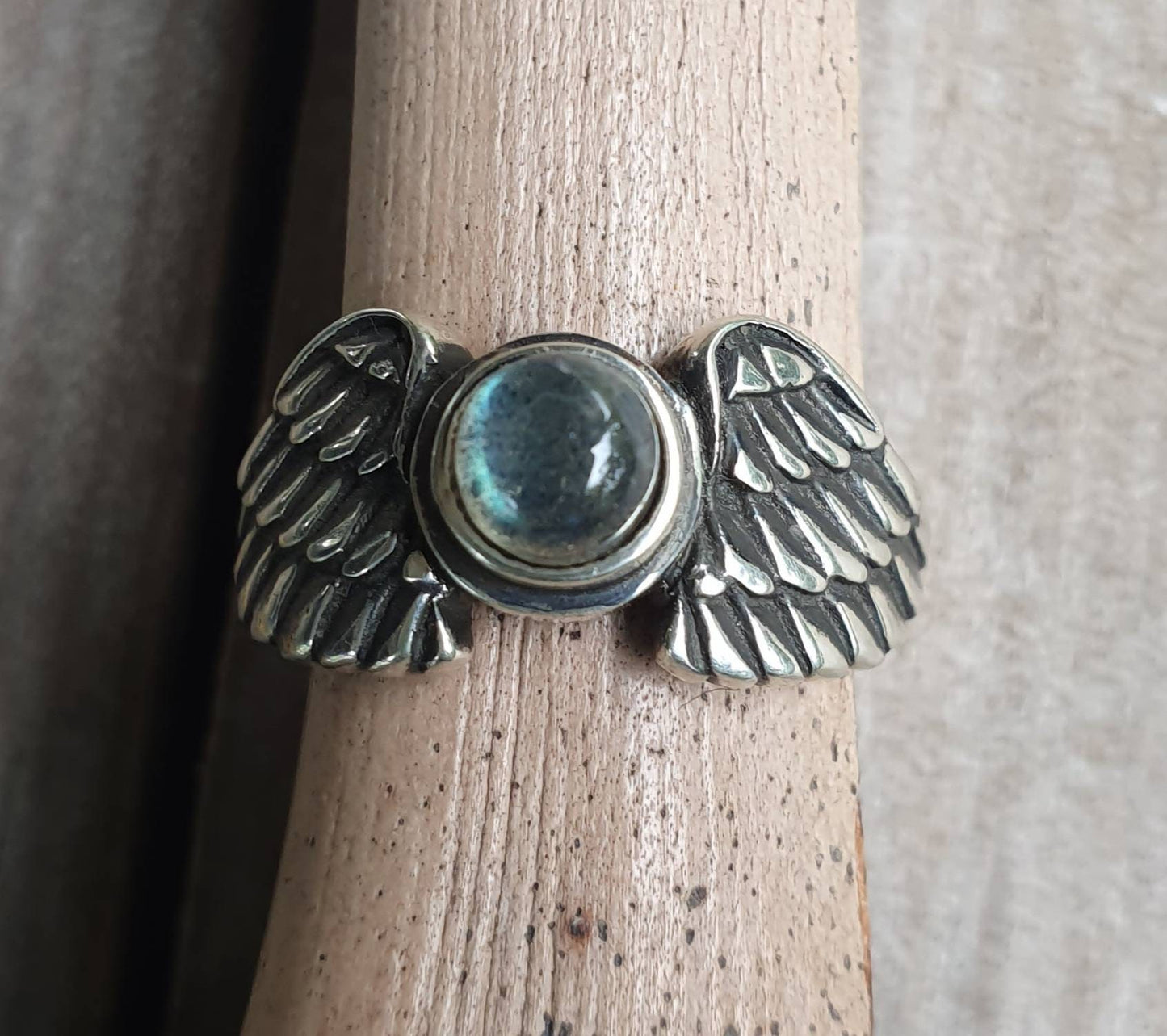 Angel wings,labradorite ring,goddess, sterling silver, feather,biker bird,boho,fairy,etheric,fantasy,pinkie ring,