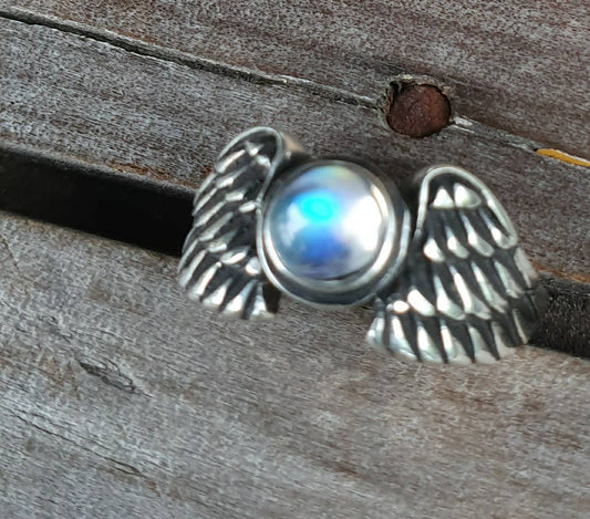 Angel wings,rainbow moonstone ring,goddess, sterling silver, feather,biker bird,boho,fairy,etheric,fantasy,pinkie ring,