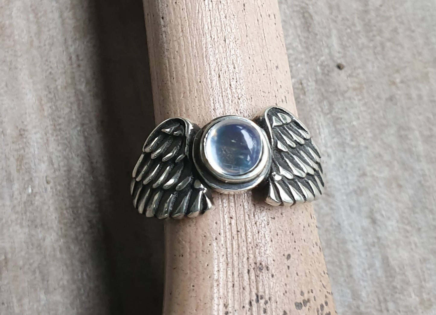 Angel wings,rainbow moonstone ring,goddess, sterling silver, feather,biker bird,boho,fairy,etheric,fantasy,pinkie ring,