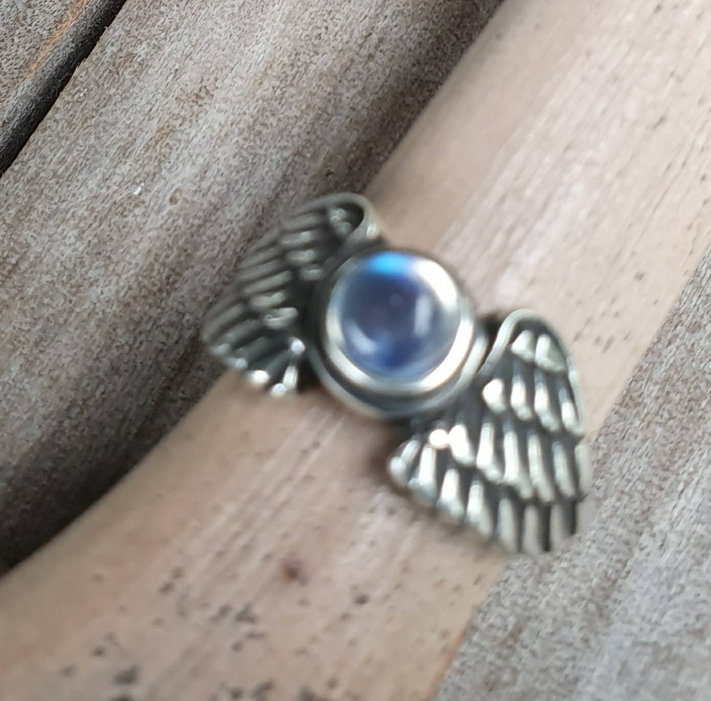 Angel wings,rainbow moonstone ring,goddess, sterling silver, feather,biker bird,boho,fairy,etheric,fantasy,pinkie ring,