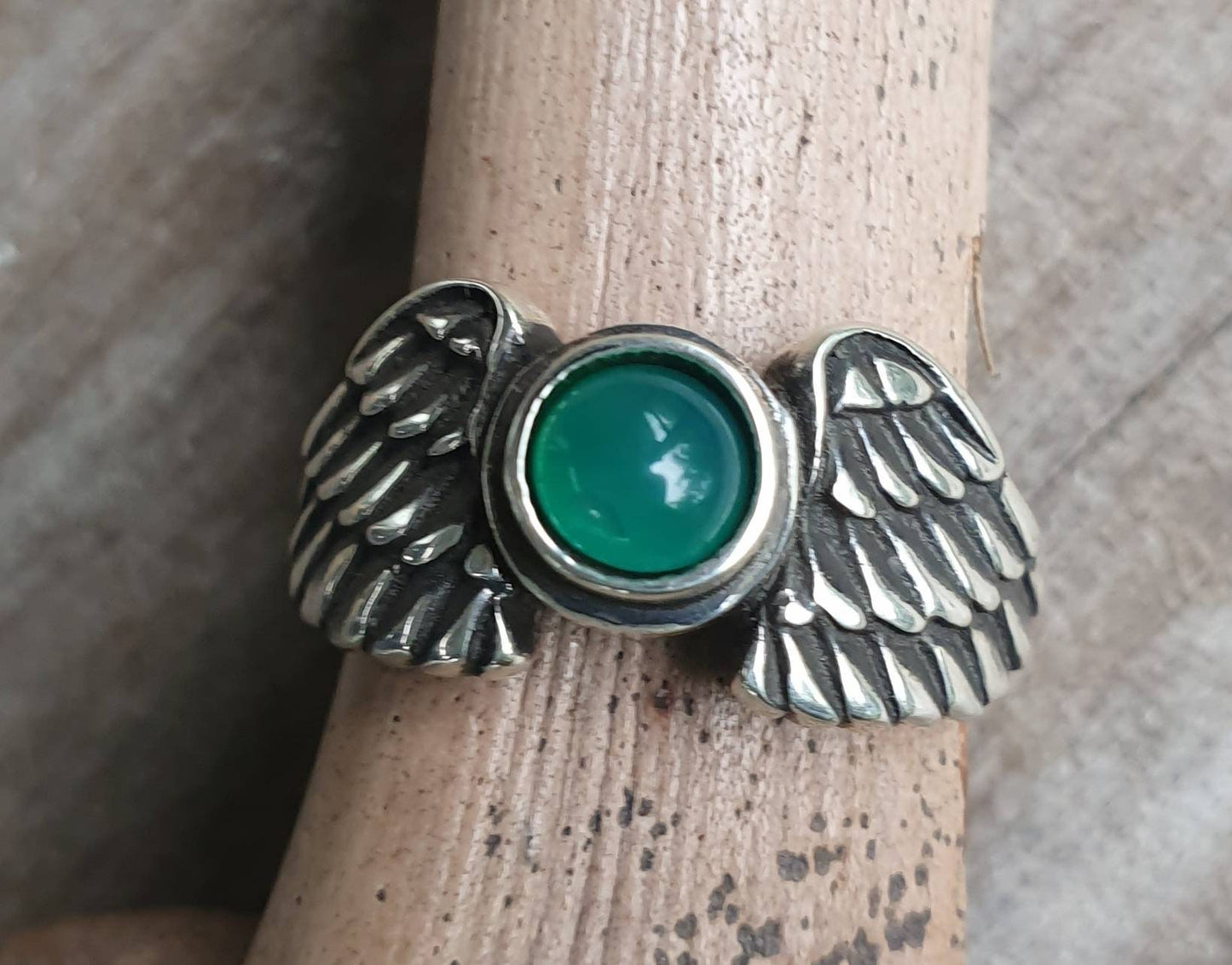 Angel wings,green onyx ring,goddess, sterling silver, feather, bird,boho,fairy,etheric,fantasy,pinkie ring,