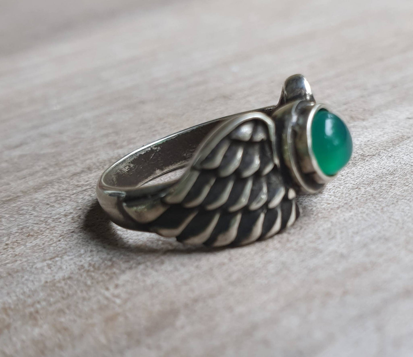 Angel wings,green onyx ring,goddess, sterling silver, feather, bird,boho,fairy,etheric,fantasy,pinkie ring,