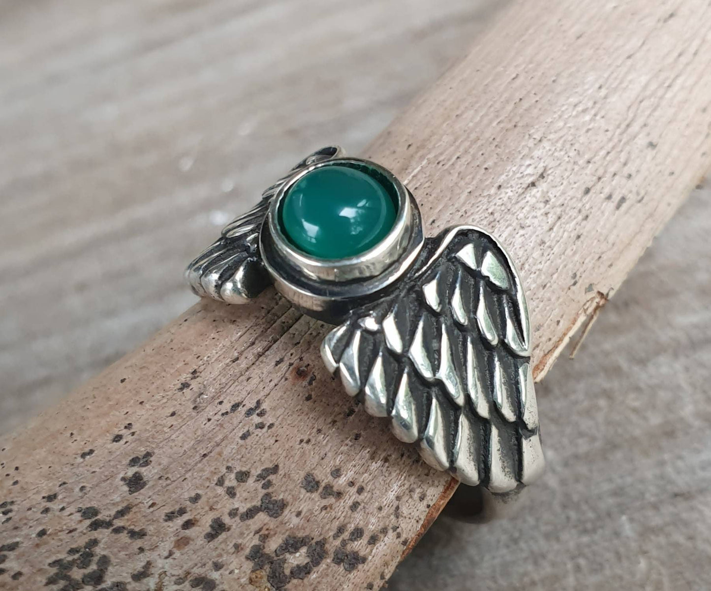 Angel wings,green onyx ring,goddess, sterling silver, feather, bird,boho,fairy,etheric,fantasy,pinkie ring,