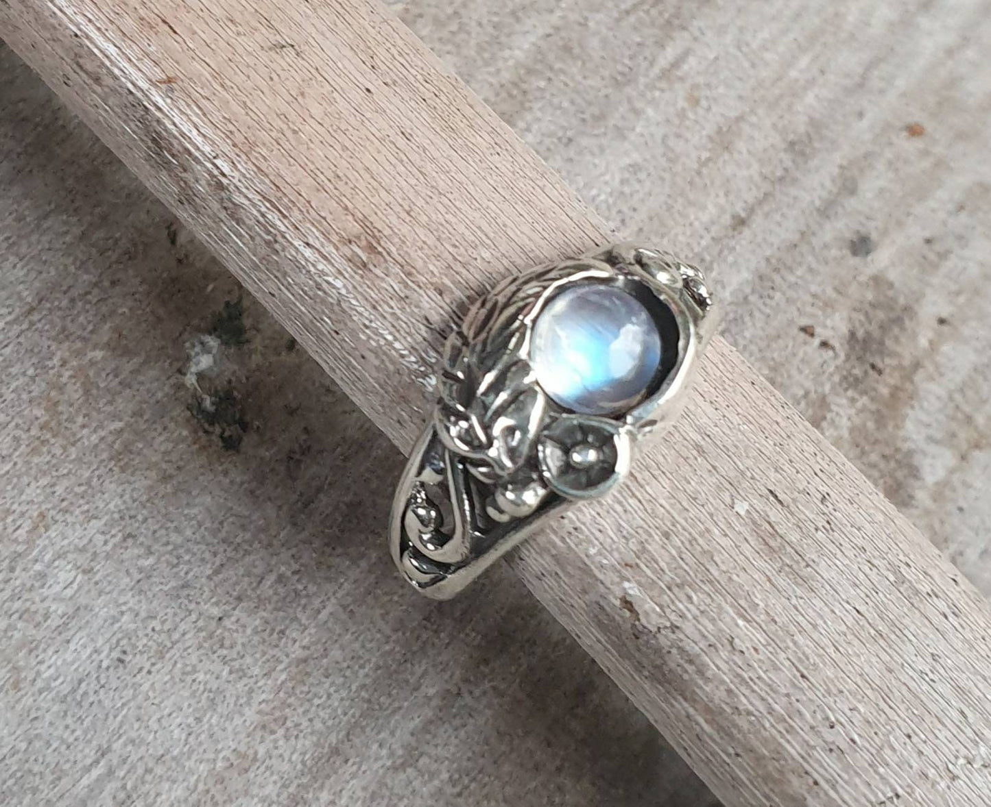 Rose ring,Rainbow moonstone ring,sterling silver,ornate flower  leaf,vine,boho,art nouveau,victorian,vintage,handmade,gypsy,goddess,