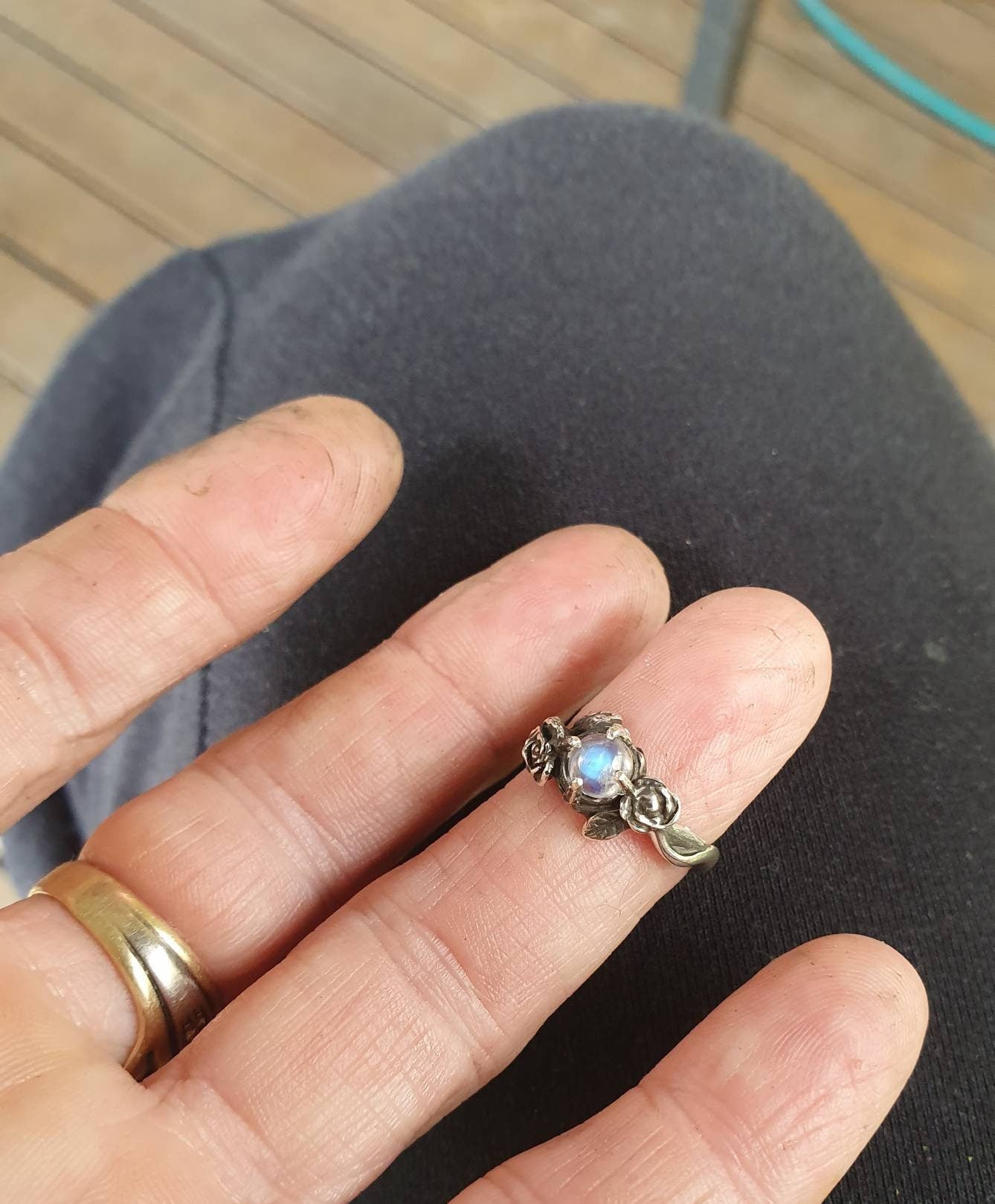 Rose ring,Rainbow moonstone ring,sterling silver,ornate flower,boho,art nouveau,victorian,vintage,handmade,gypsy,goddess