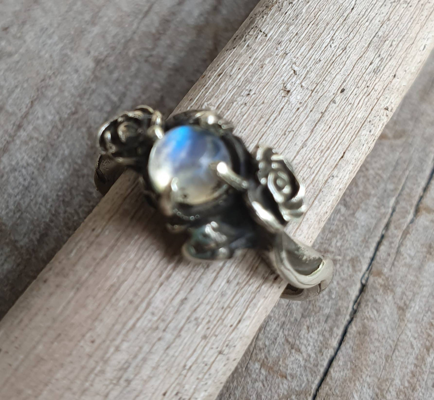 Rose ring,Rainbow moonstone ring,sterling silver,ornate flower,boho,art nouveau,victorian,vintage,handmade,gypsy,goddess