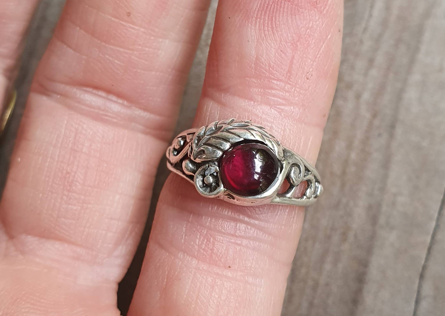 Rose garnet  ring,sterling silver flower ring, leaf,vine,boho,art nouveau,victorian,vintage,handmade,gypsy,goddess,women fashion