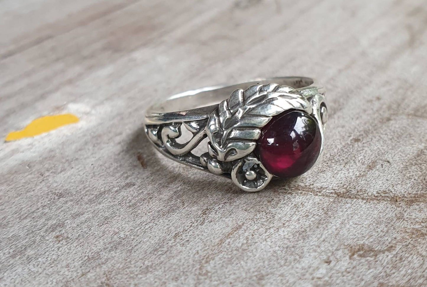 Rose garnet  ring,sterling silver flower ring, leaf,vine,boho,art nouveau,victorian,vintage,handmade,gypsy,goddess,women fashion