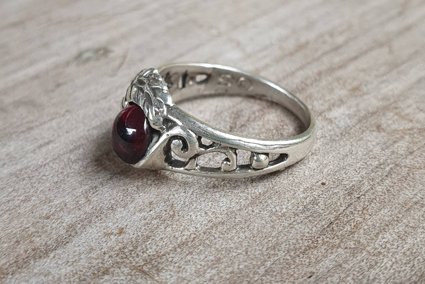 Rose garnet  ring,sterling silver flower ring, leaf,vine,boho,art nouveau,victorian,vintage,handmade,gypsy,goddess,women fashion