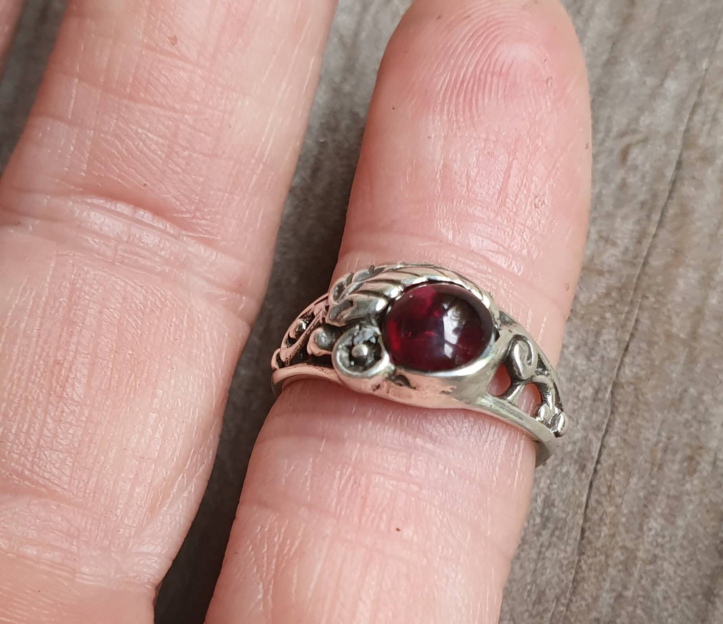 Rose garnet  ring,sterling silver flower ring, leaf,vine,boho,art nouveau,victorian,vintage,handmade,gypsy,goddess,women fashion