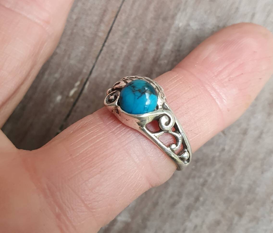 Turquoise  ring,sterling silver rose flower ring, leaf,vine,boho,art nouveau,victorian,vintage,handmade,gypsy,goddess,women fashion