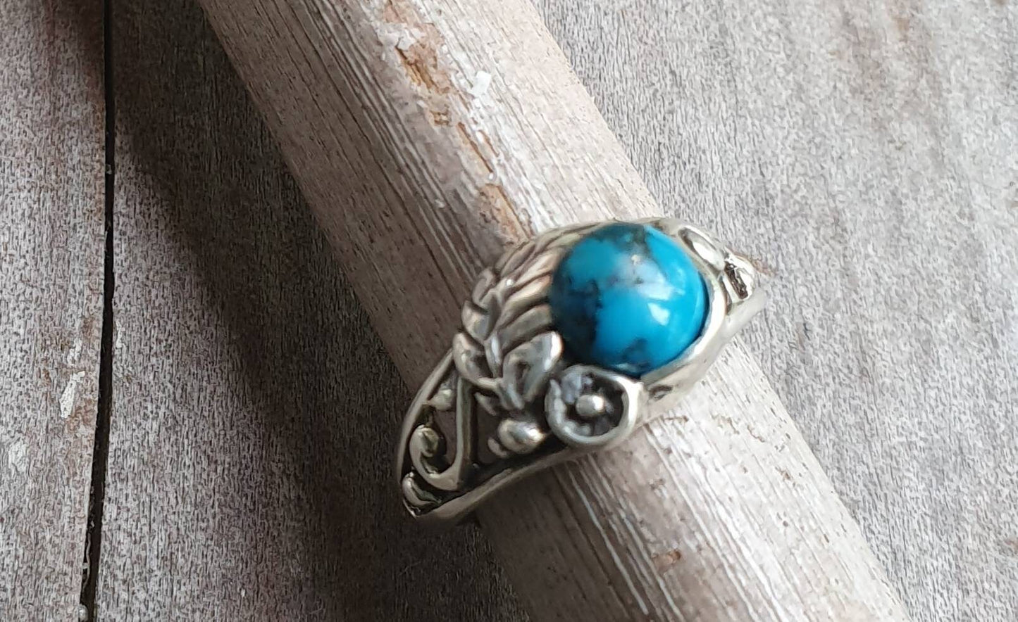 Turquoise  ring,sterling silver rose flower ring, leaf,vine,boho,art nouveau,victorian,vintage,handmade,gypsy,goddess,women fashion