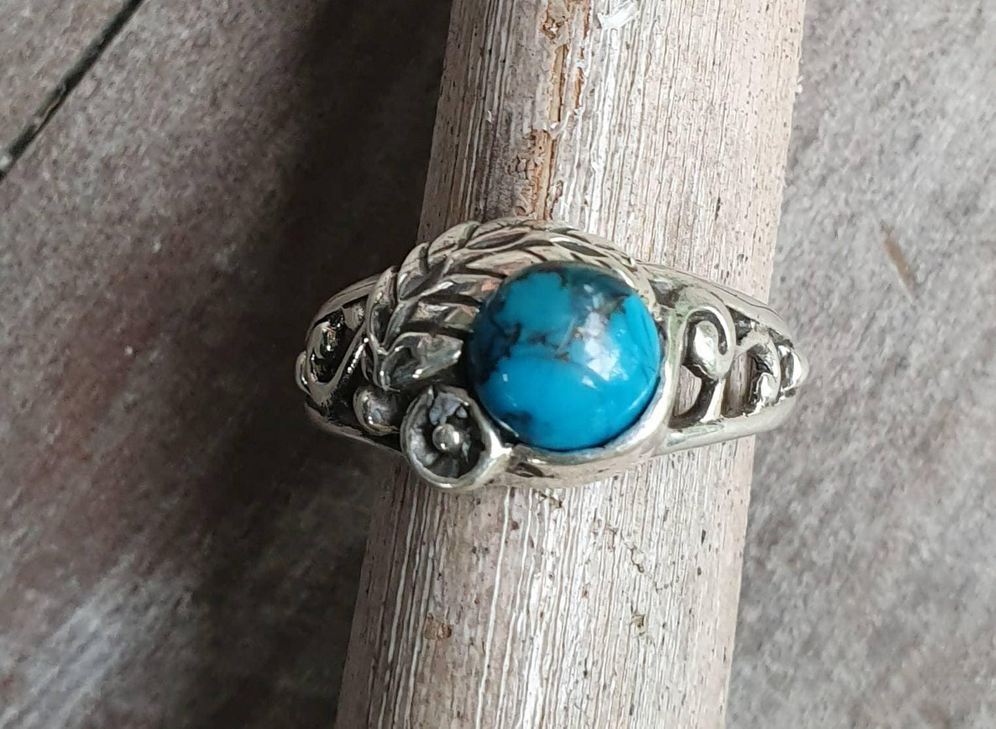 Turquoise  ring,sterling silver rose flower ring, leaf,vine,boho,art nouveau,victorian,vintage,handmade,gypsy,goddess,women fashion