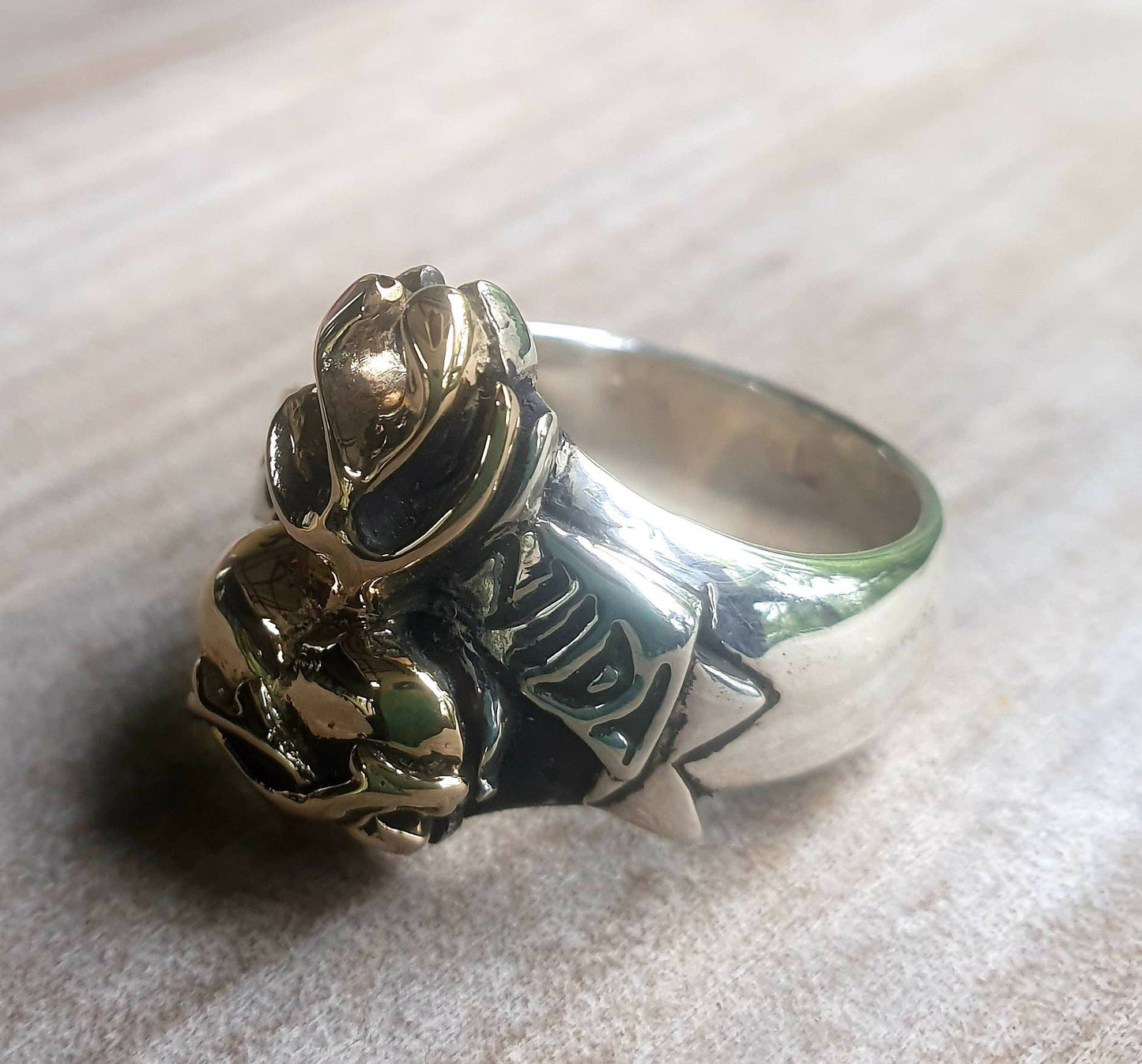 sacred heart ring,9k gold flame on sterling silver,two tone,heart ring, ring,unisex wedding ring,rockabiily, steampunk,hipster,