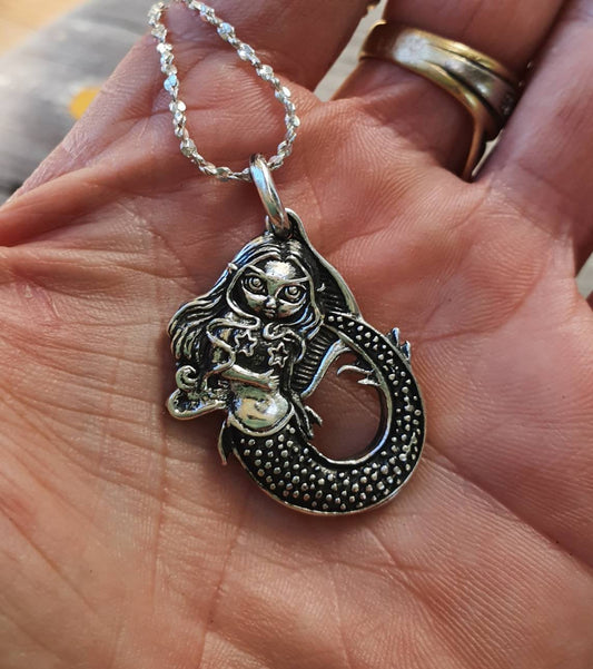 Mermaid pendant,sterling silver,cute elfin mermaid, Melusine,Melusina,mythical,goddess,handmade, mythology,boho,gypsy,folk lore,