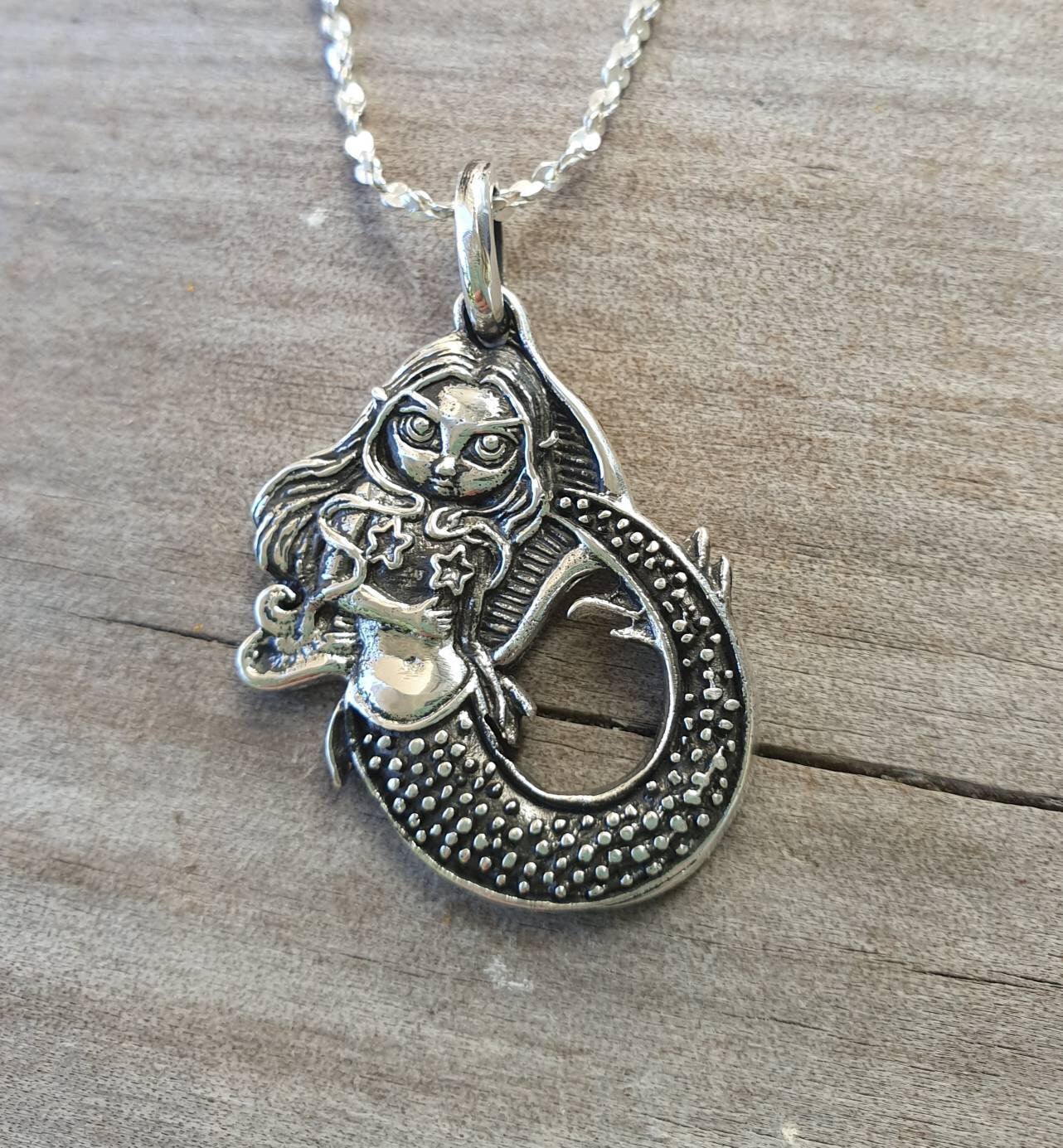 Mermaid pendant,sterling silver,cute elfin mermaid, Melusine,Melusina,mythical,goddess,handmade, mythology,boho,gypsy,folk lore,