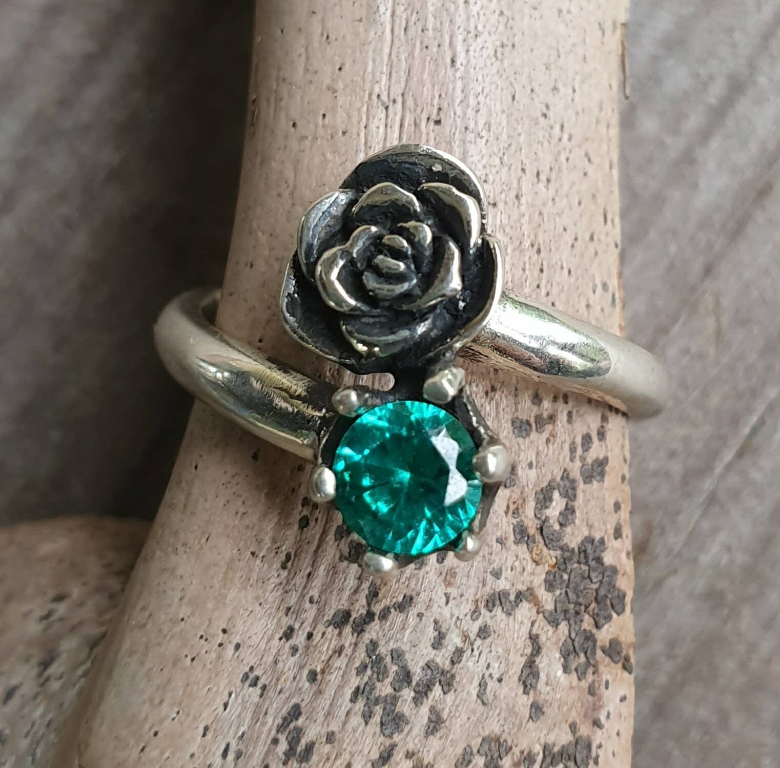 rose ring,cubic zirconia,sterling silver,long ring,hand made,retro, steampunk, gothic, art nouveau ,victorian,boho,gypsy,flower,