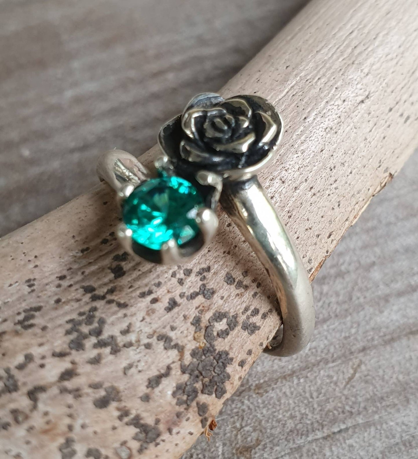 rose ring,teal cubic zirconia,sterling silver,hand made,retro, steampunk, gothic, art nouveau ,victorian,boho,gypsy,flower,