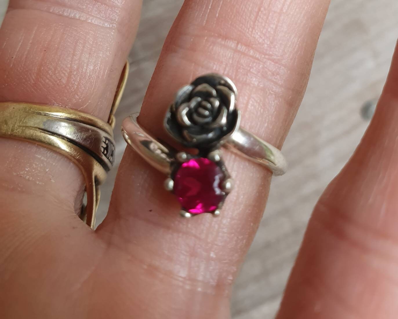 rose ring,cubic zirconia,sterling silver,long ring,hand made,retro, steampunk, gothic, art nouveau ,victorian,boho,gypsy,flower,