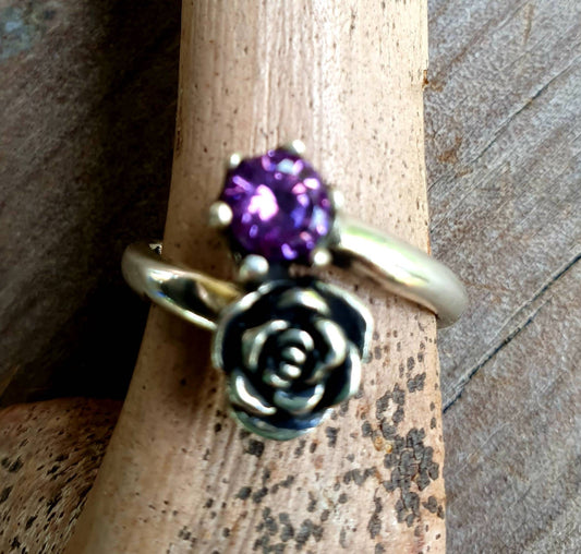 Amethyst rose ring,sterling silver,cz,long ring, boho flower art nouveau victorian