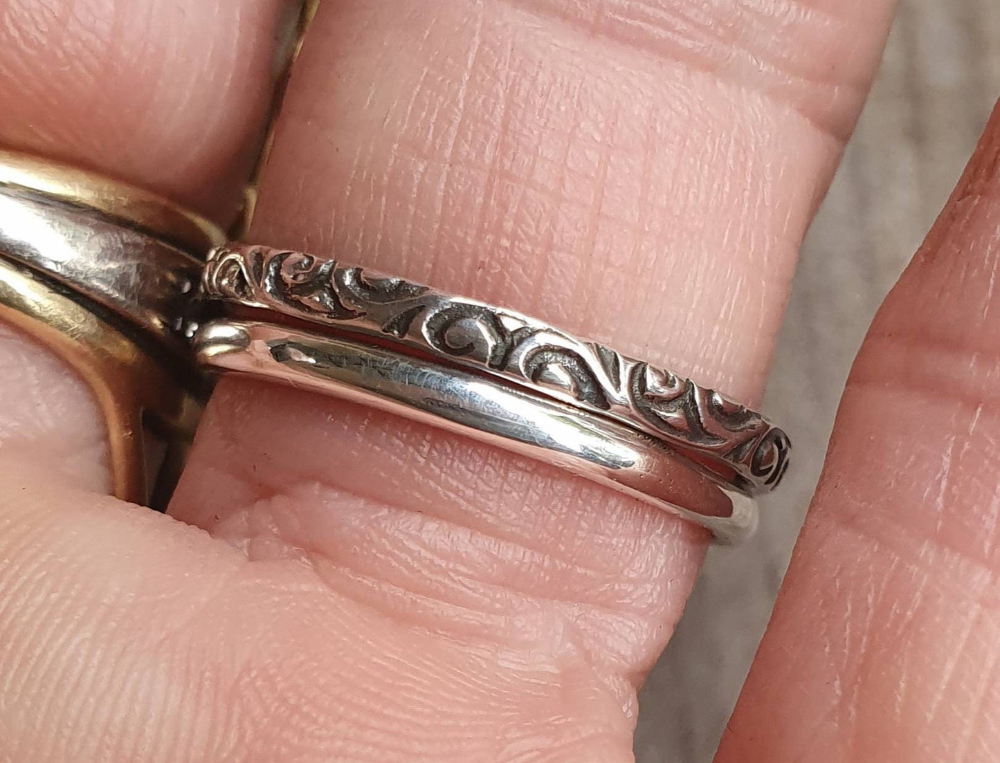 Silver stacker,2mmThin antique band,sterling silver,handmade,vintage scroll,Victorian pattern ring,