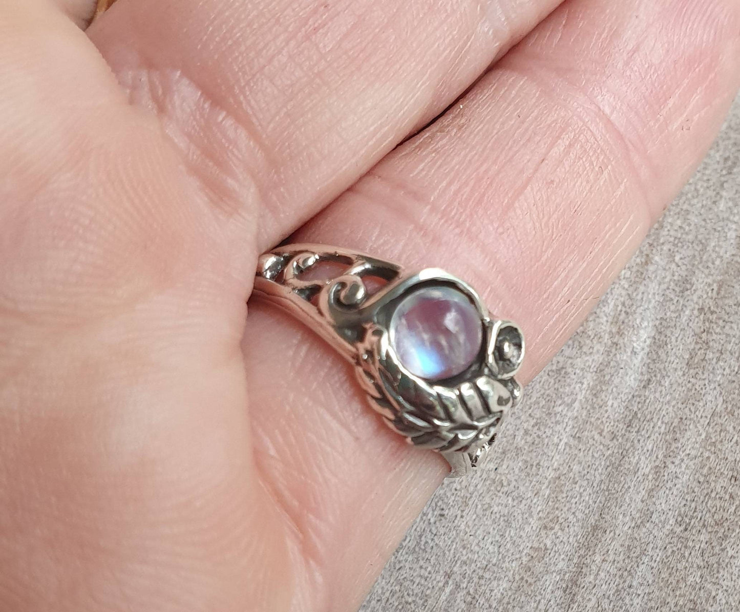 Rose ring,Rainbow moonstone ring,sterling silver,ornate flower  leaf,vine,boho,art nouveau,victorian,vintage,handmade,gypsy,goddess,