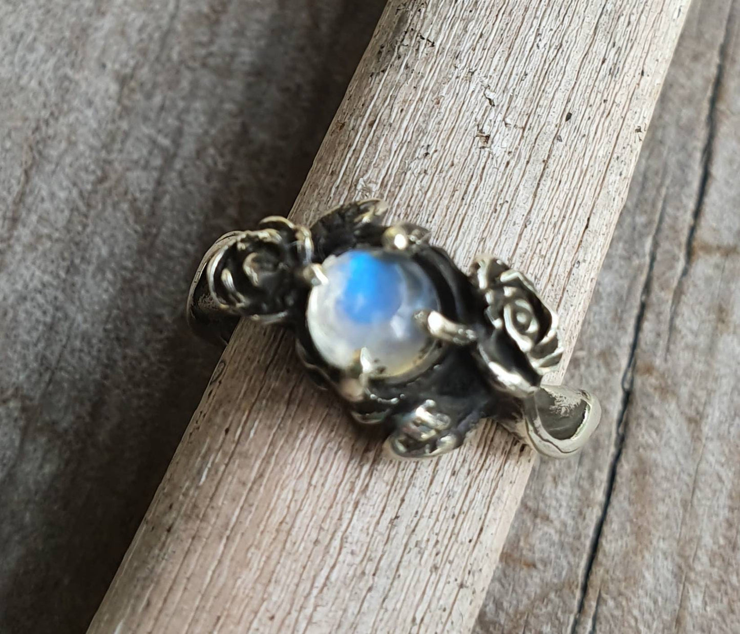 Rose ring,Rainbow moonstone ring,sterling silver,ornate flower,boho,art nouveau,victorian,vintage,handmade,gypsy,goddess