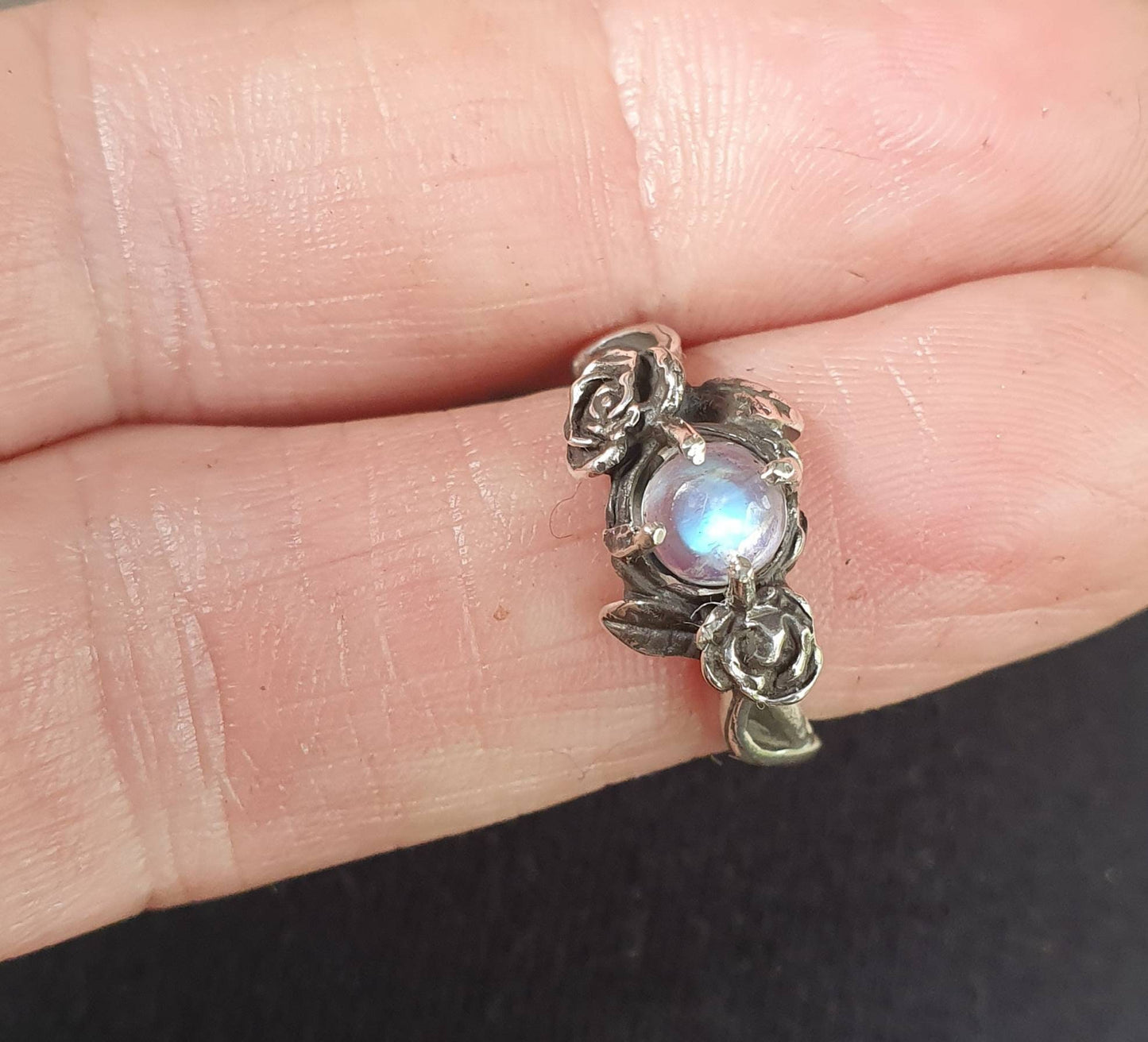 Rose ring,Rainbow moonstone ring,sterling silver,ornate flower,boho,art nouveau,victorian,vintage,handmade,gypsy,goddess