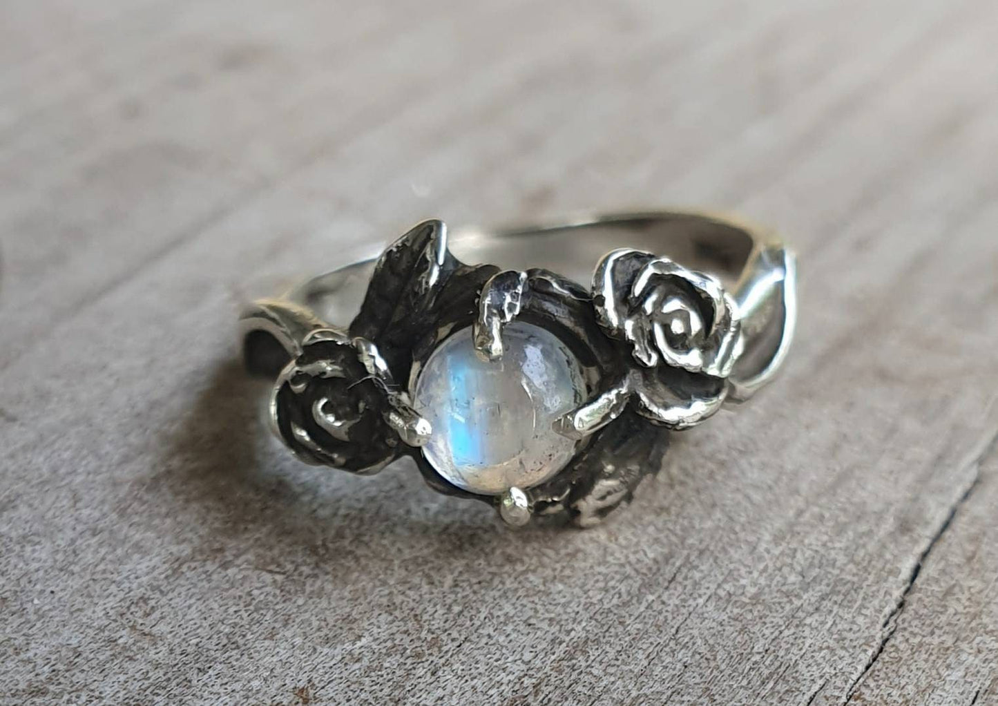 Rose ring,Rainbow moonstone ring,sterling silver,ornate flower,boho,art nouveau,victorian,vintage,handmade,gypsy,goddess