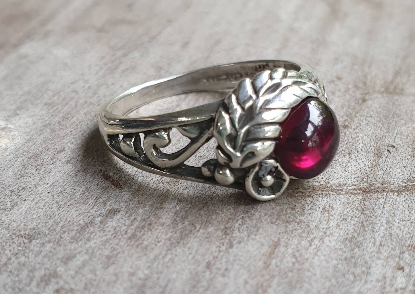 Rose garnet  ring,sterling silver flower ring, leaf,vine,boho,art nouveau,victorian,vintage,handmade,gypsy,goddess,women fashion