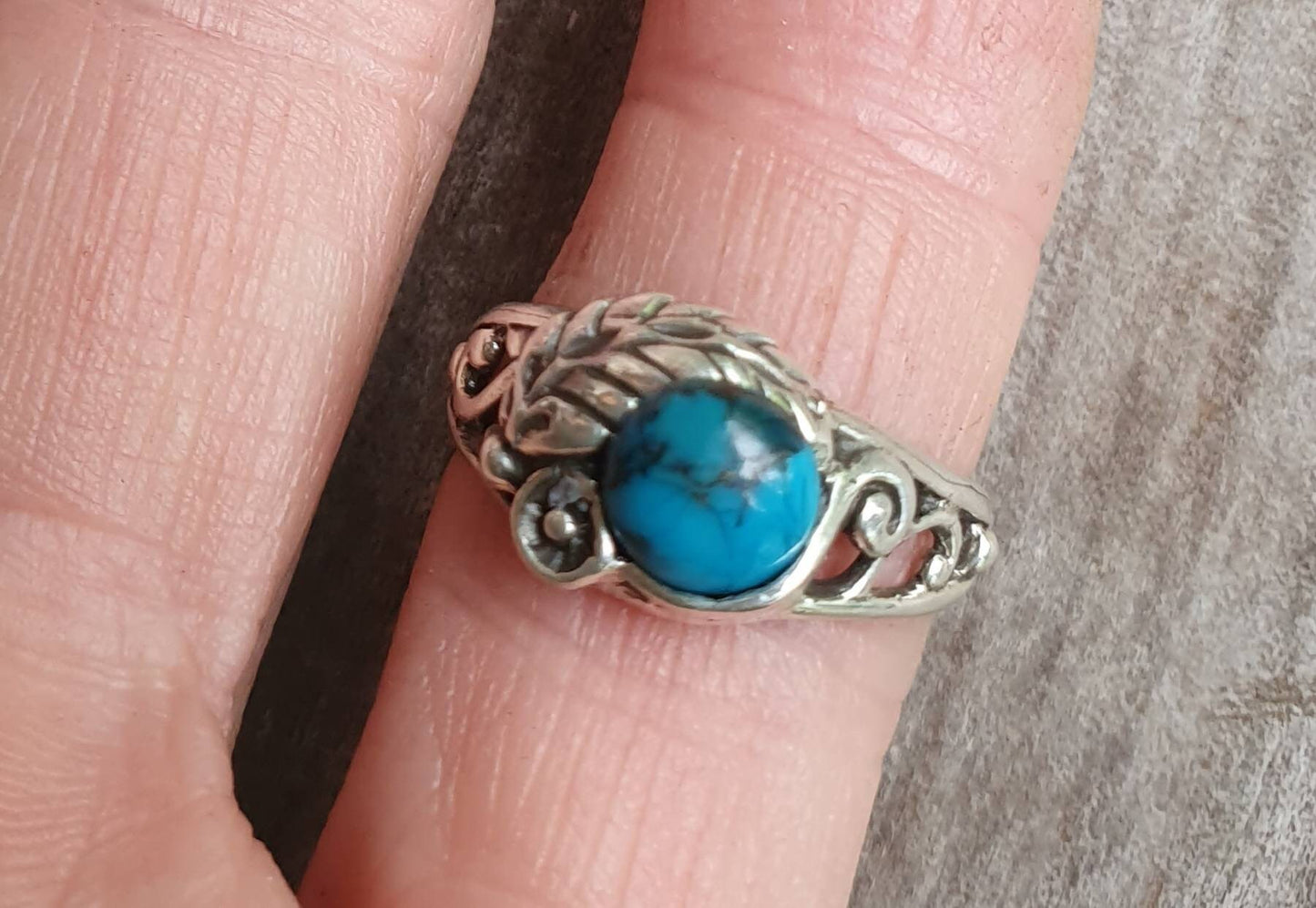 Turquoise  ring,sterling silver rose flower ring, leaf,vine,boho,art nouveau,victorian,vintage,handmade,gypsy,goddess,women fashion