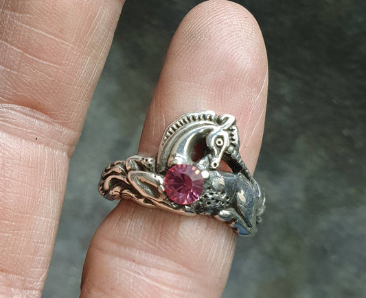 Unicorn ring,sterling silver,mythical horse,fantasy, purple stone ring,new age,boho  hippy,art nouveau,horse,magic,