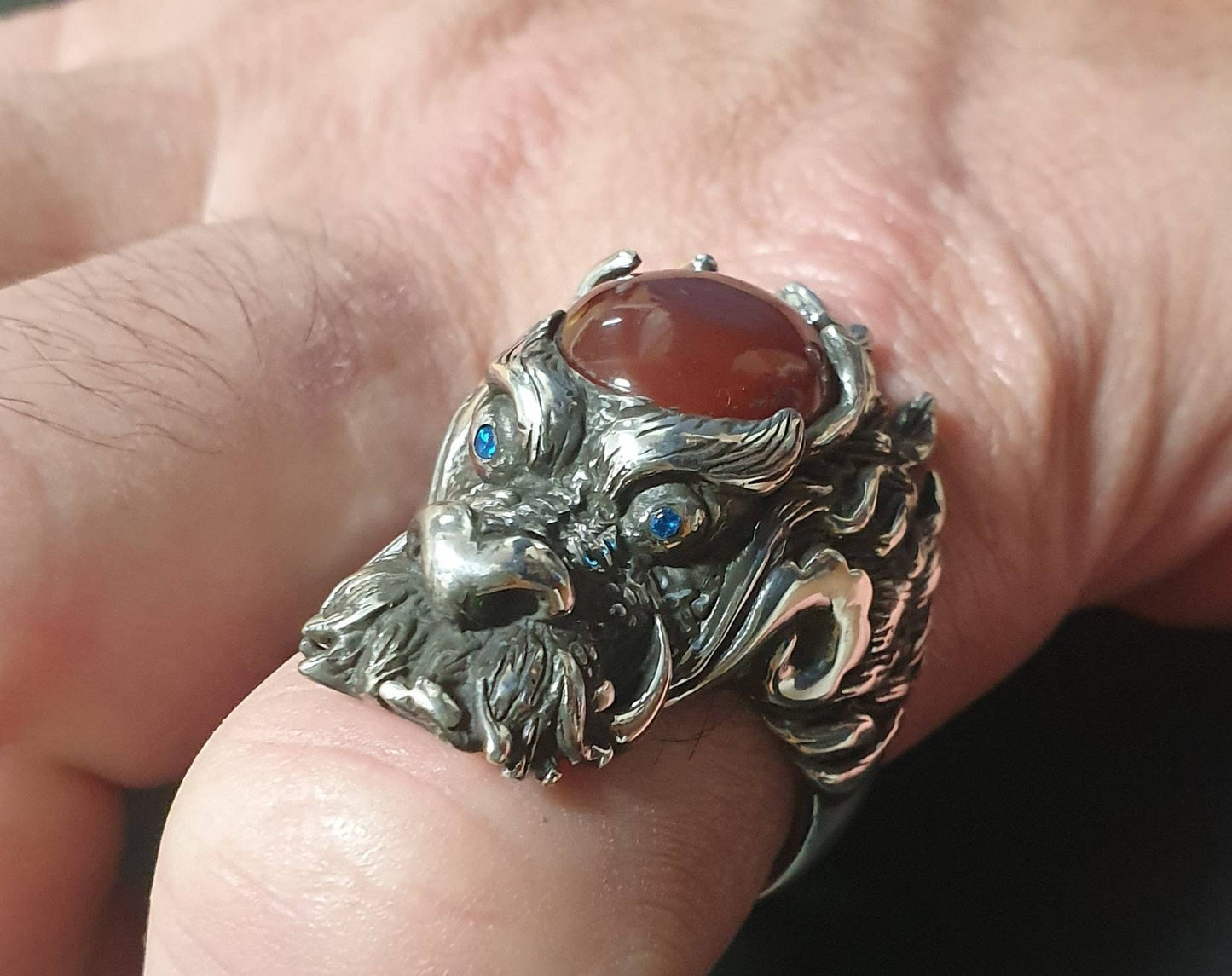 dragon ring,carnelian,large sterling silver dragon,chunky,geiger,steampunk,mythical dragon, chinese dragon,welsh dragon