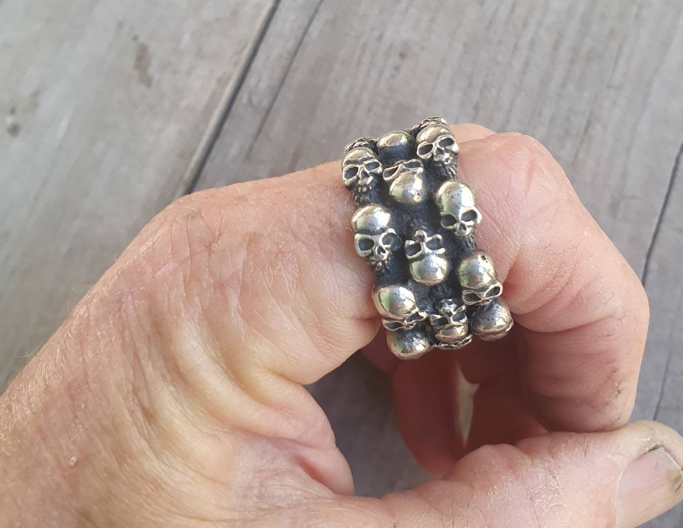 Skull ring,sterling silver,chunky continuous band, steampunk,gothic,chunky ring,skeleton,  punk,hipster,handmade,biker,gangster,pirate