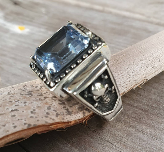 Chunky blue cz signet ring,skull and cross bone,sterling silver, steampunk,gothic, punk,biker,hipster,pirate,tattoo skull,mans fashion