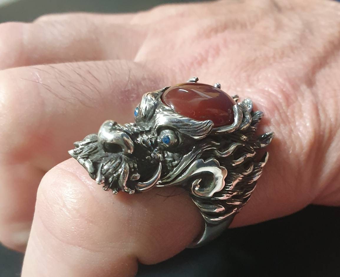 dragon ring,carnelian,large sterling silver dragon,chunky,geiger,steampunk,mythical dragon, chinese dragon,welsh dragon