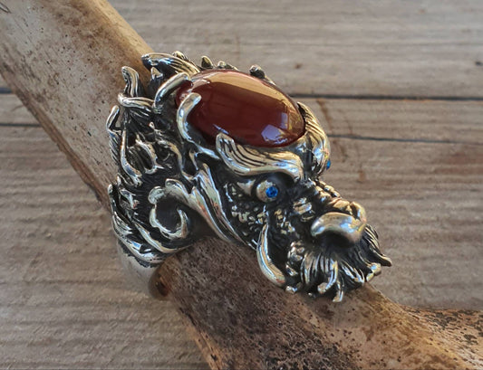 dragon ring,carnelian,large sterling silver dragon,chunky,geiger,steampunk,mythical dragon, chinese dragon,welsh dragon