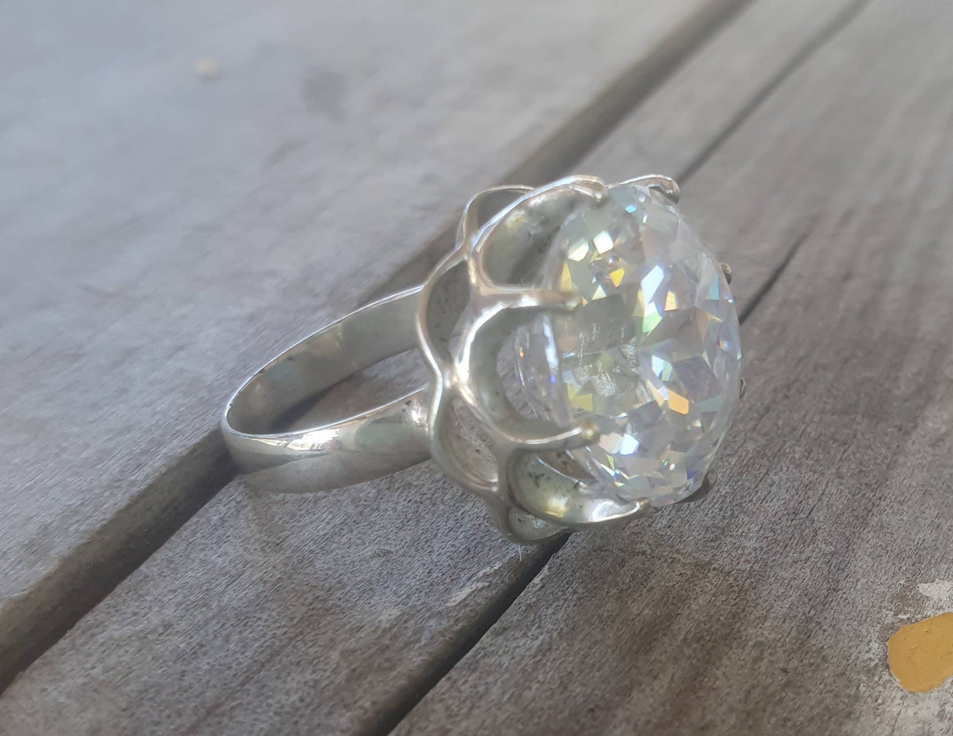 Large cz ring,sterling silver, handmade,goddess,boho,solitare ring,new age,goddess,cubic zirconia,