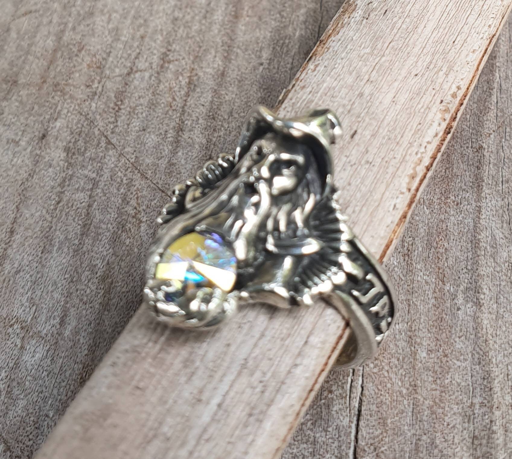 wizard ring,sterling silver,swarovski crystal,magic, fantasy,druid,Merlin,new age, mythical,steampunk,gothic punk,Crystal ball,boho,gypsy