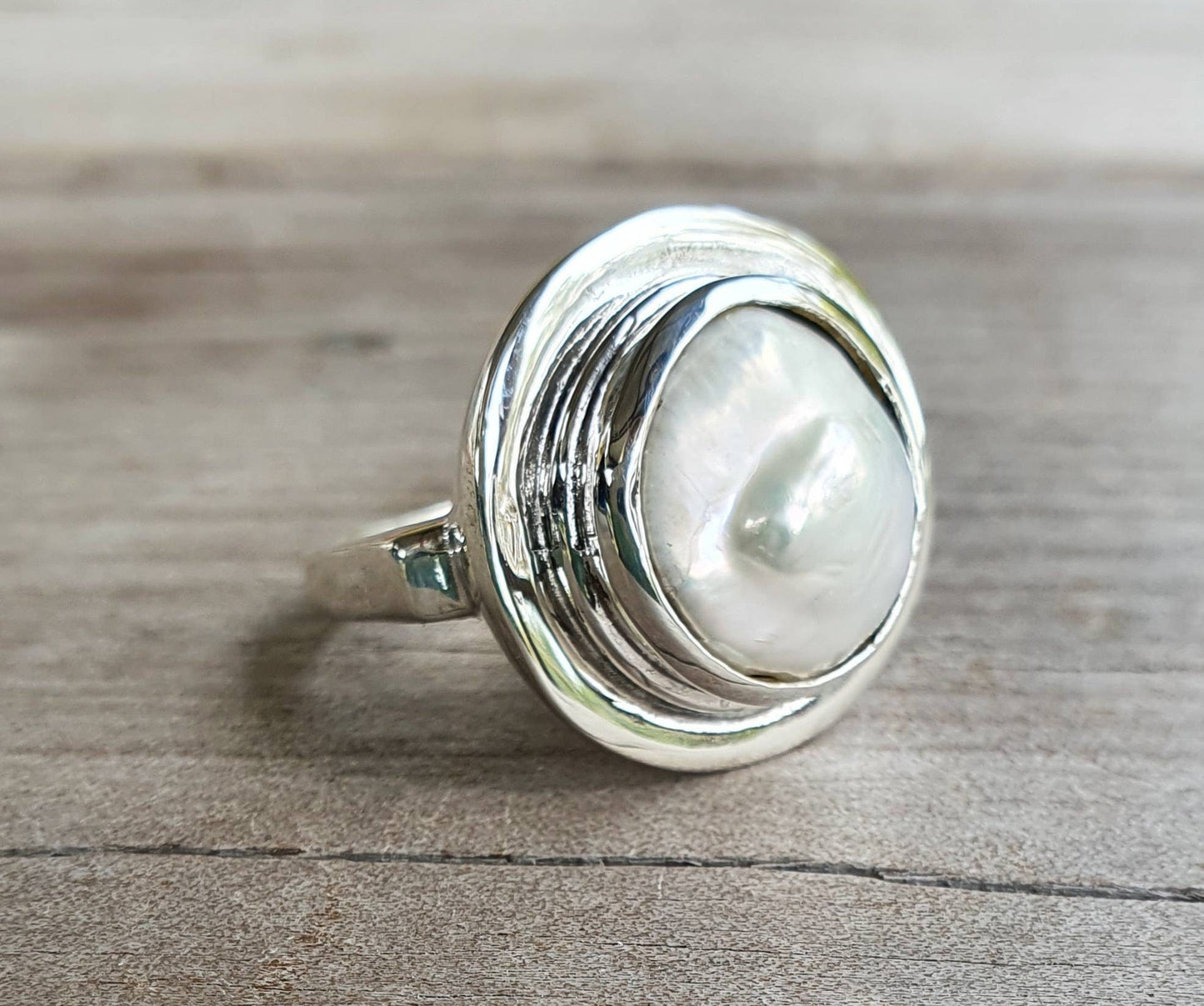 Large ring,coin pearl,sterling silver, freshwater freeform pearl,chunky ring,wedding ring,boho,handmade, retro ring,modern,