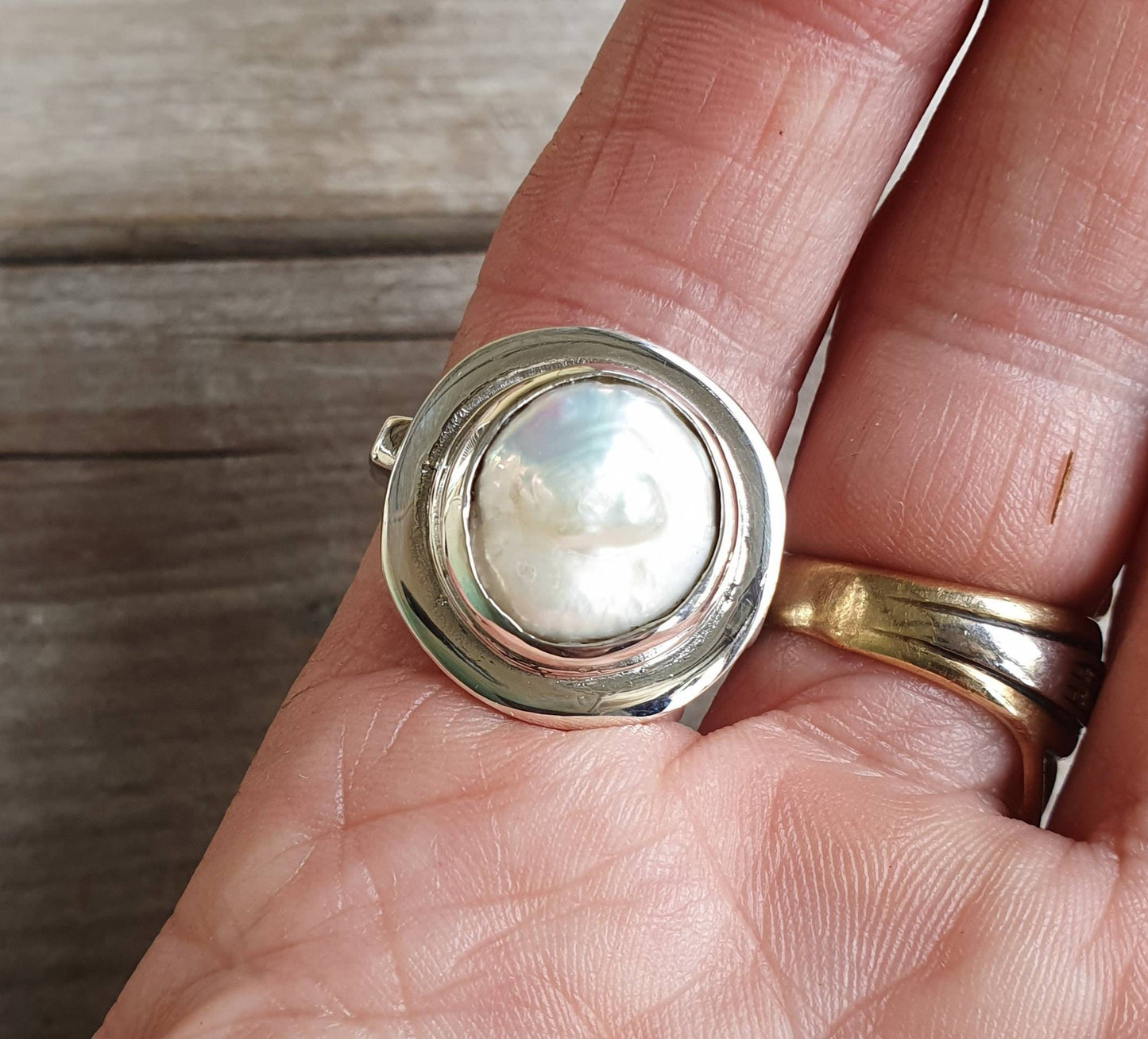 Large ring,coin pearl,sterling silver, freshwater freeform pearl,chunky ring,wedding ring,boho,handmade, retro ring,modern,