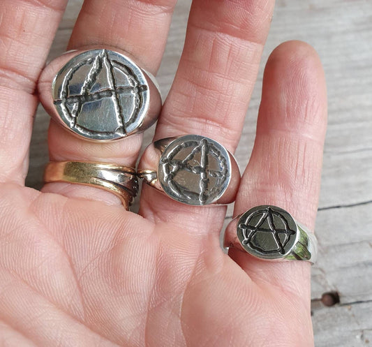 Anarchy ring, round top,sterling silver,medium size signet, punk,alternative, steampunk,handmade,sid vicious,rebel,biker,